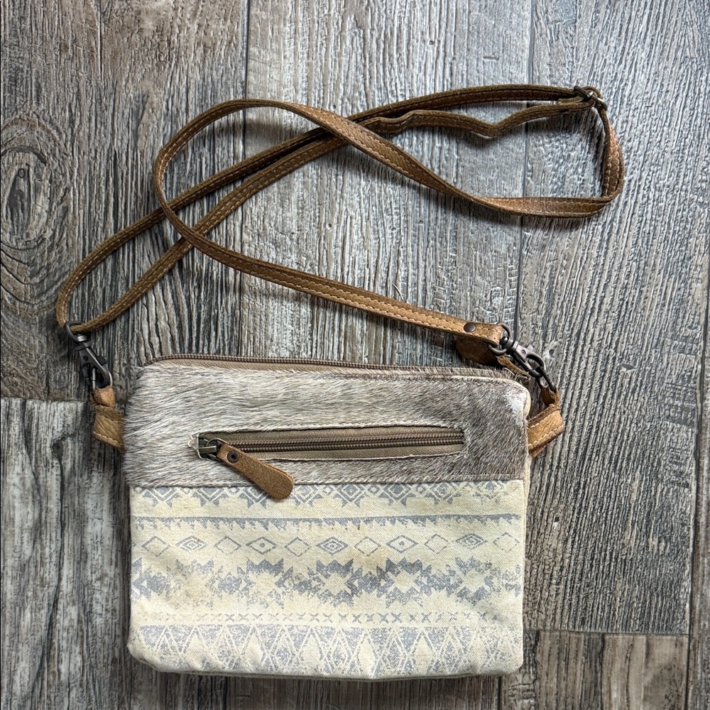 Myra Bag Neutral Tan Brown Crossbody with Patterned Front